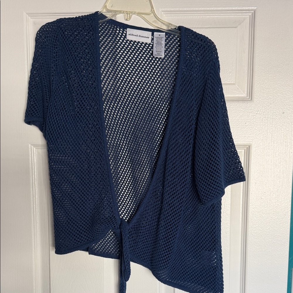 Alfred Dunner Navy Open-Weave Tie-Front Cardigan